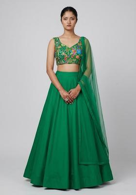 Bottle Green Printed Crepe Lehenga Set