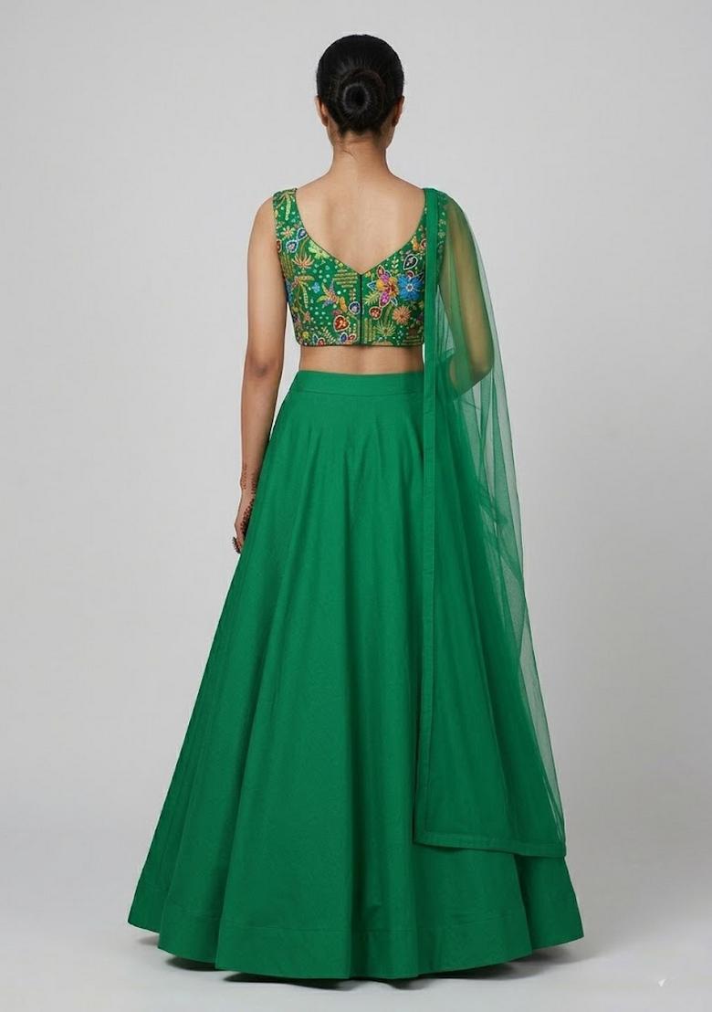 Bottle Green Printed Crepe Lehenga Set - Indya