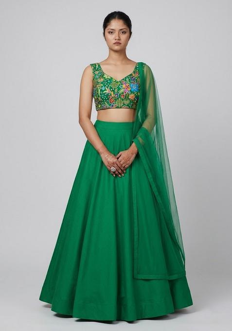 Bottle Green Printed Crepe Lehenga Set