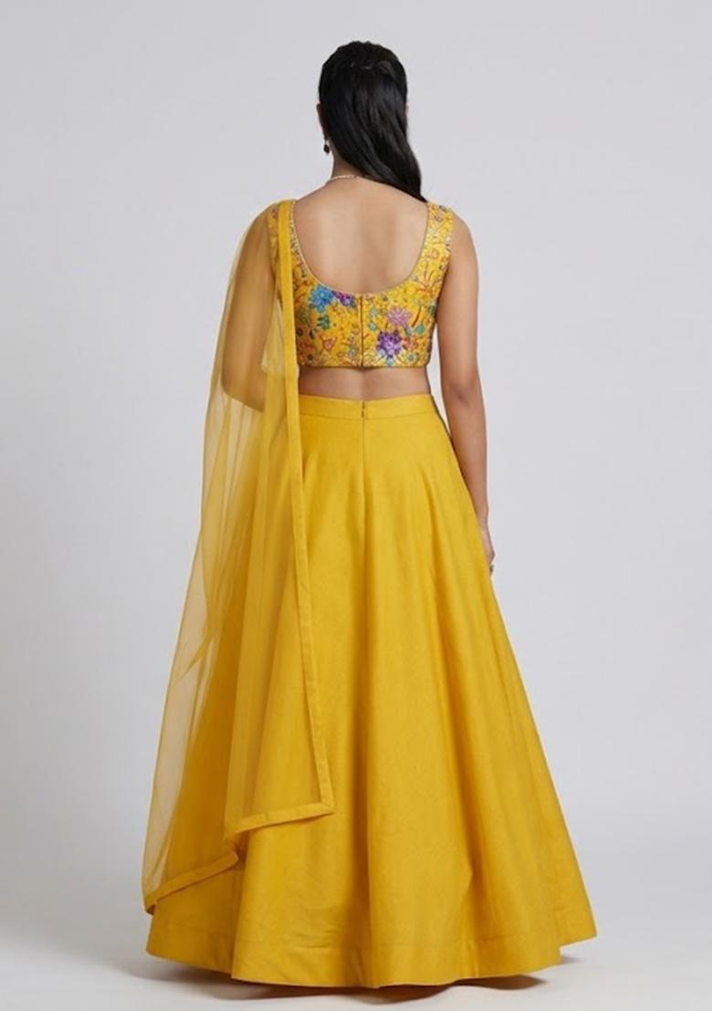 Mustard Printed Crepe Lehenga Set - Indya