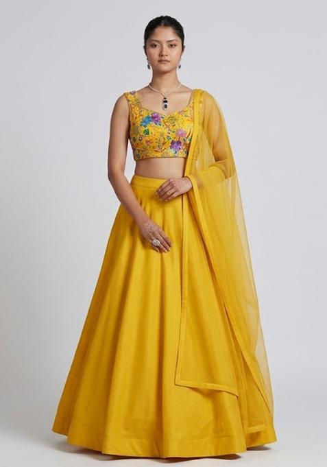 Mustard Printed Crepe Lehenga Set