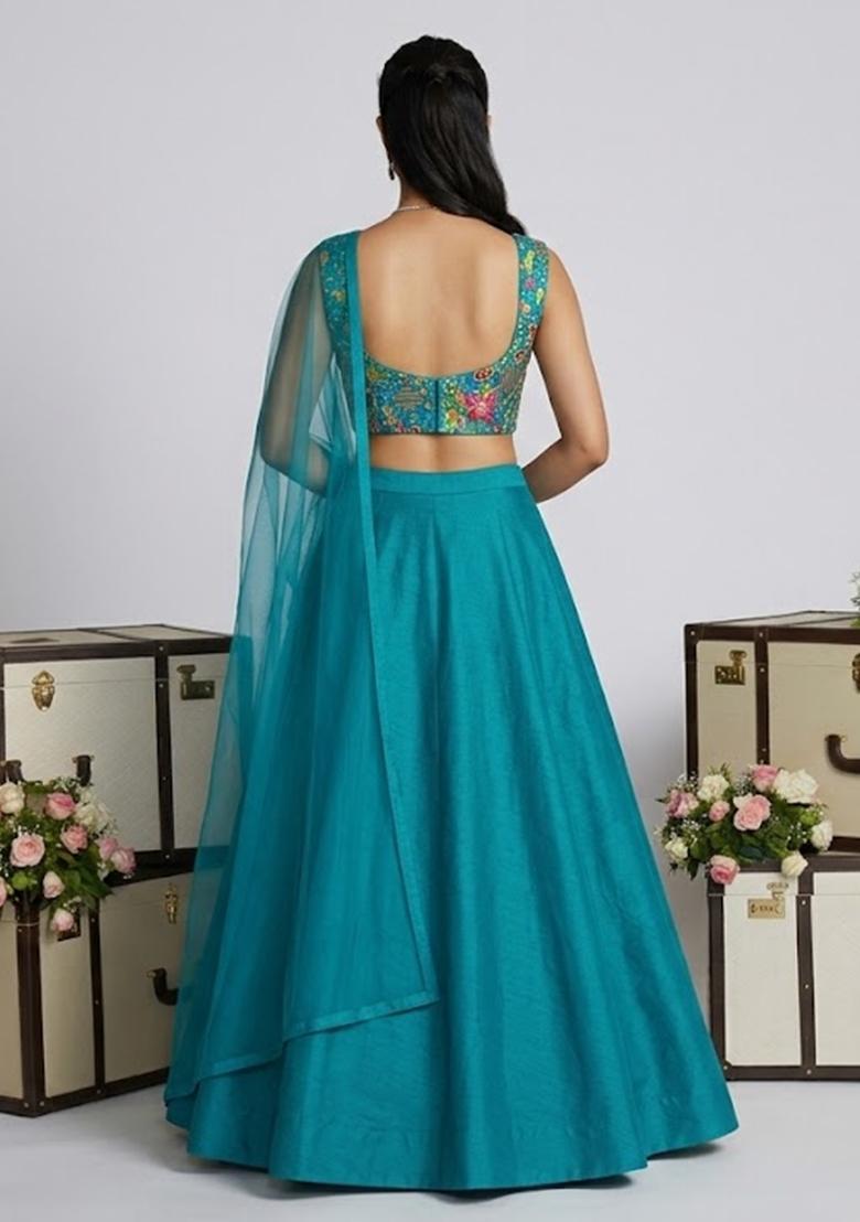 Teal Printed Crepe Lehenga Set - Indya