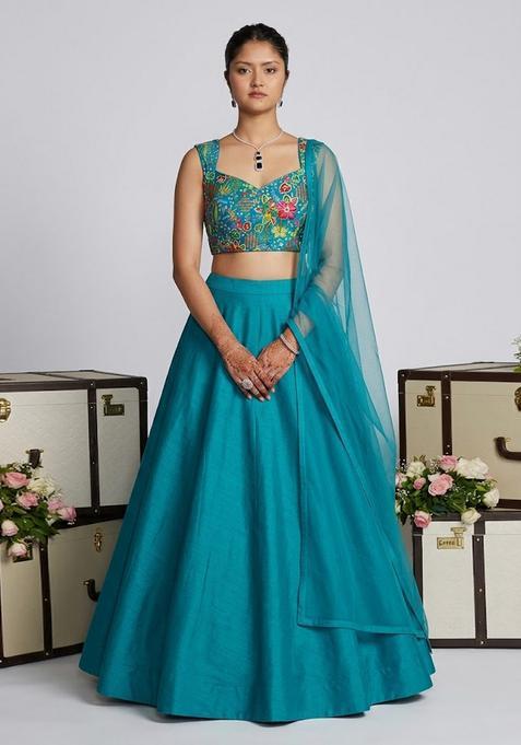 Teal Printed Crepe Lehenga Set