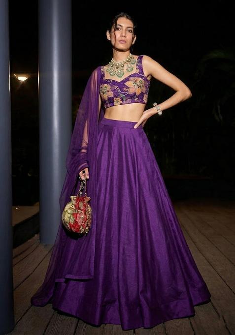 Purple Printed Organza Lehenga Set