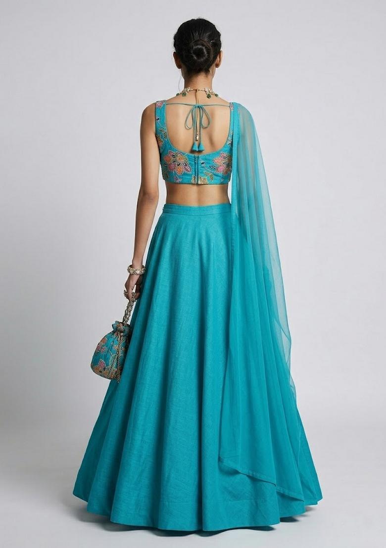 Teal Printed Organza Lehenga Set - Indya