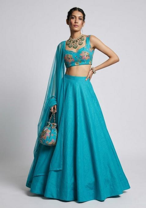 Teal Printed Organza Lehenga Set