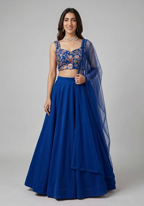 Royal Blue Embroidered Handwork Silk Blend Lehenga Set