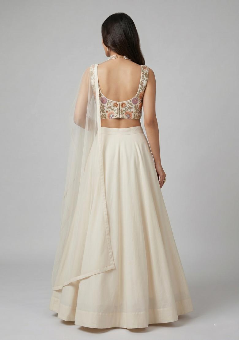 Ivory Printed Crepe Lehenga Set - Indya