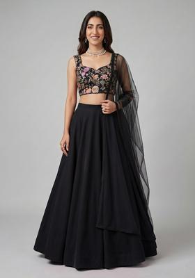 Black Printed Crepe Lehenga Set