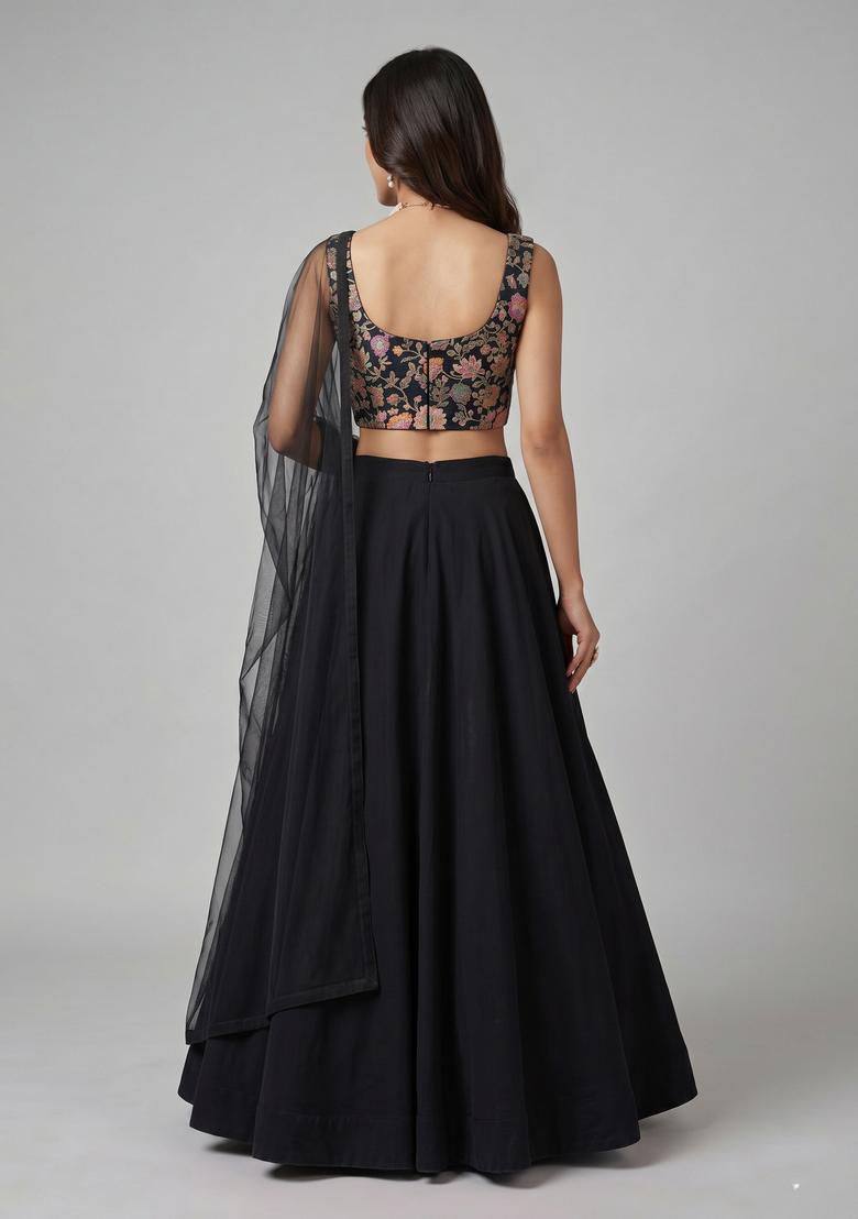 Black Printed Crepe Lehenga Set - Indya