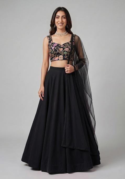 Black Embroidered Handwork Silk Blend Lehenga Set