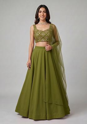 Olive Green Embroidered Crepe Lehenga Set