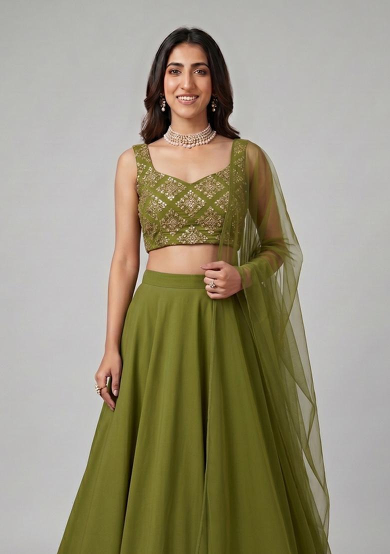 Olive Green Embroidered Crepe Lehenga Set - Indya