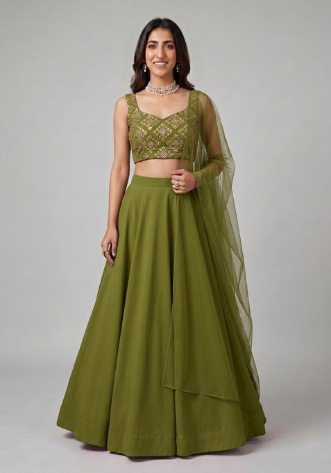 Olive Green Embroidered Crepe Lehenga Set