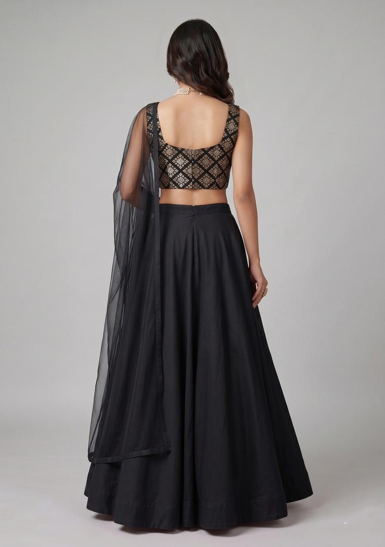 Black Embroidered Crepe Lehenga Set - Indya