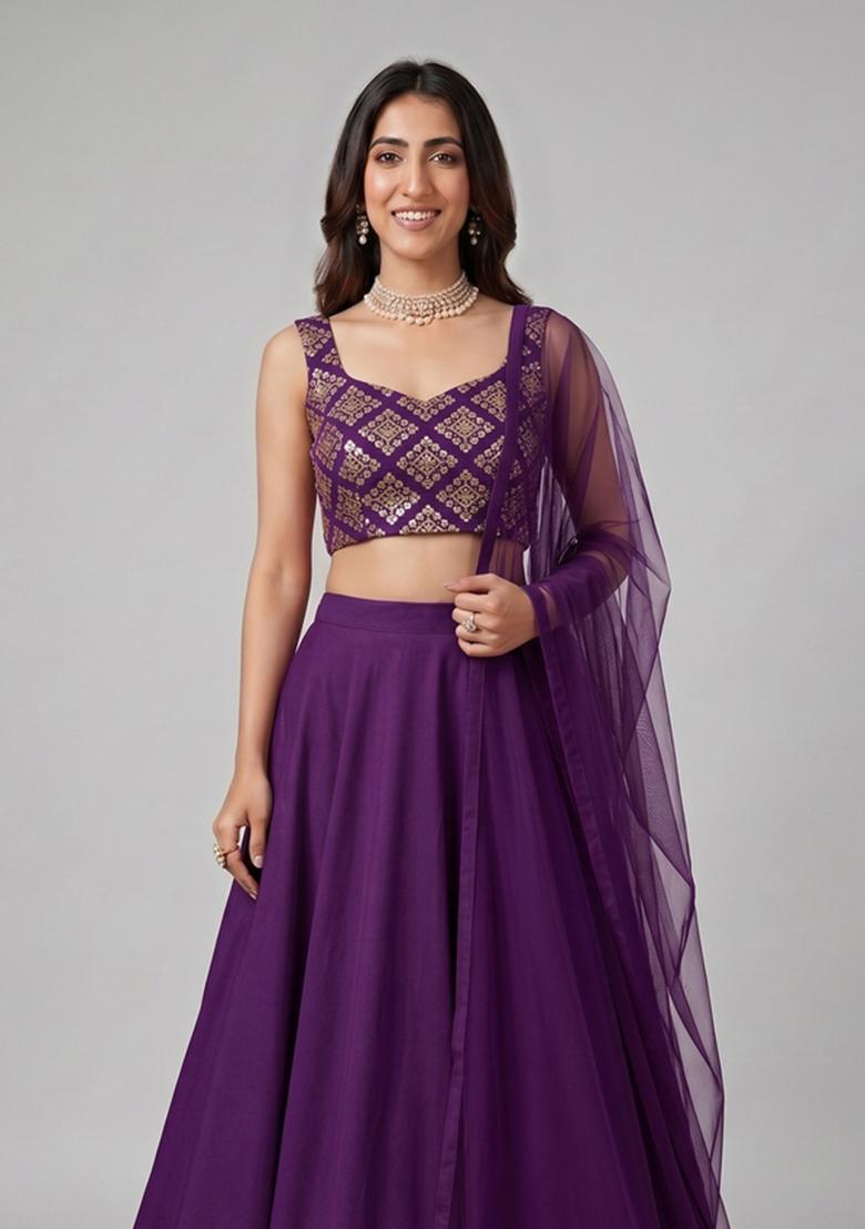 Purple Embroidered Crepe Lehenga Set - Indya