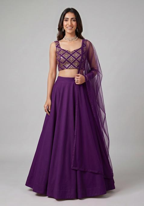 Purple Embroidered Crepe Lehenga Set