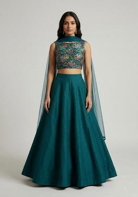Bottle Green Printed Crepe Lehenga Set
