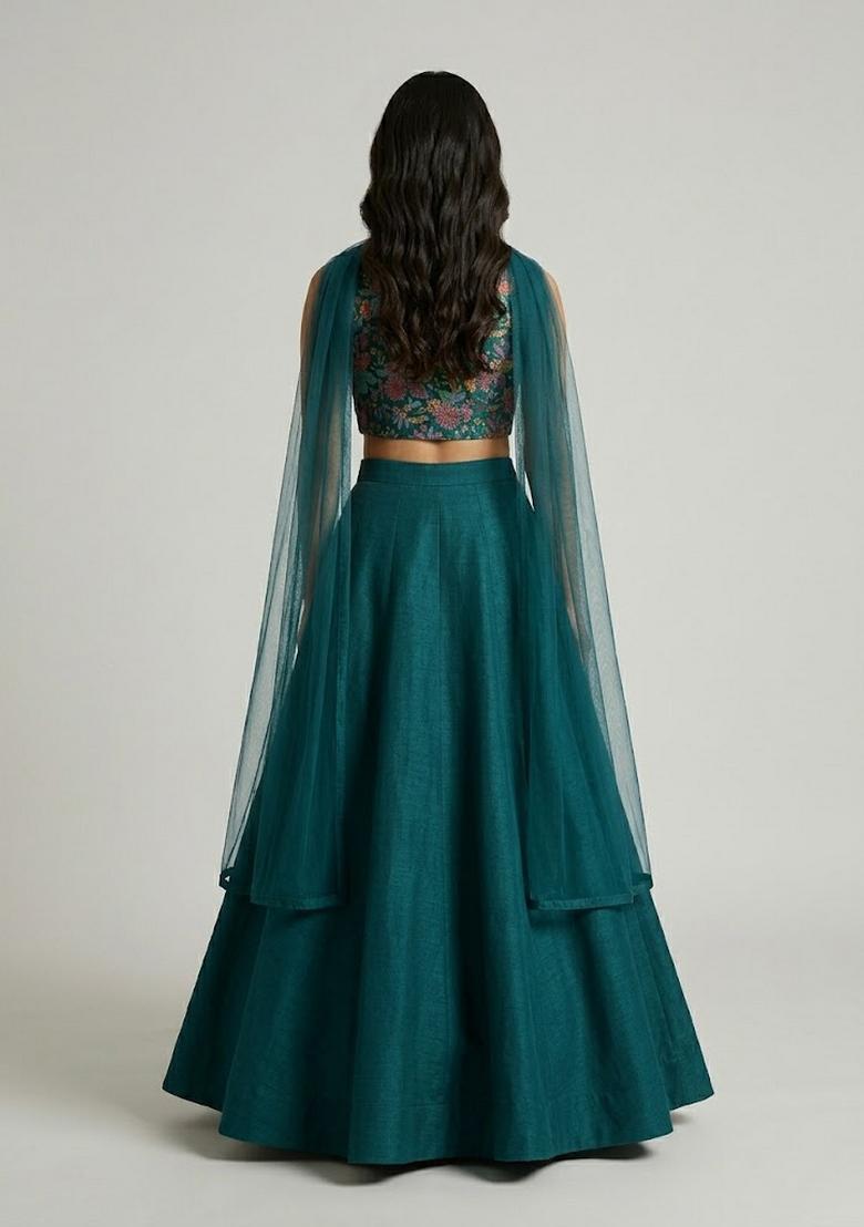 Bottle Green Printed Crepe Lehenga Set - Indya