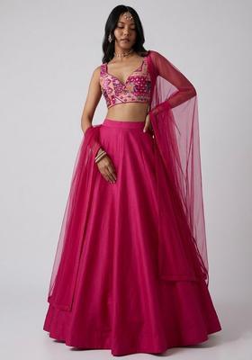 Rani Pink Printed Crepe Lehenga Set