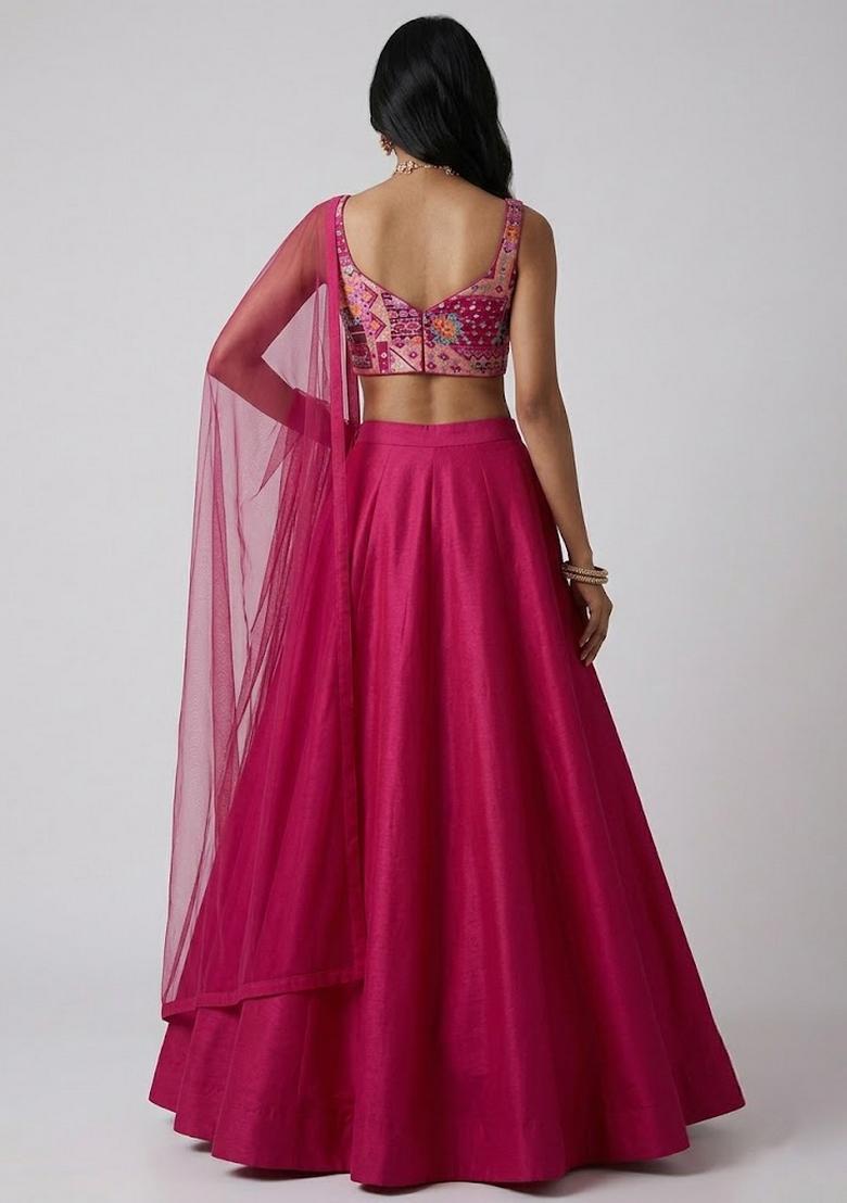 Rani Pink Printed Crepe Lehenga Set - Indya