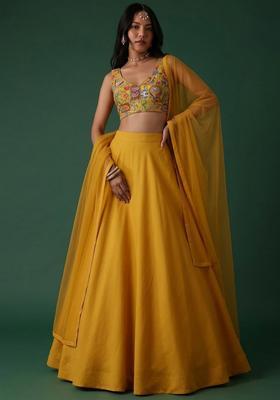 Mustard Printed Crepe Lehenga Set