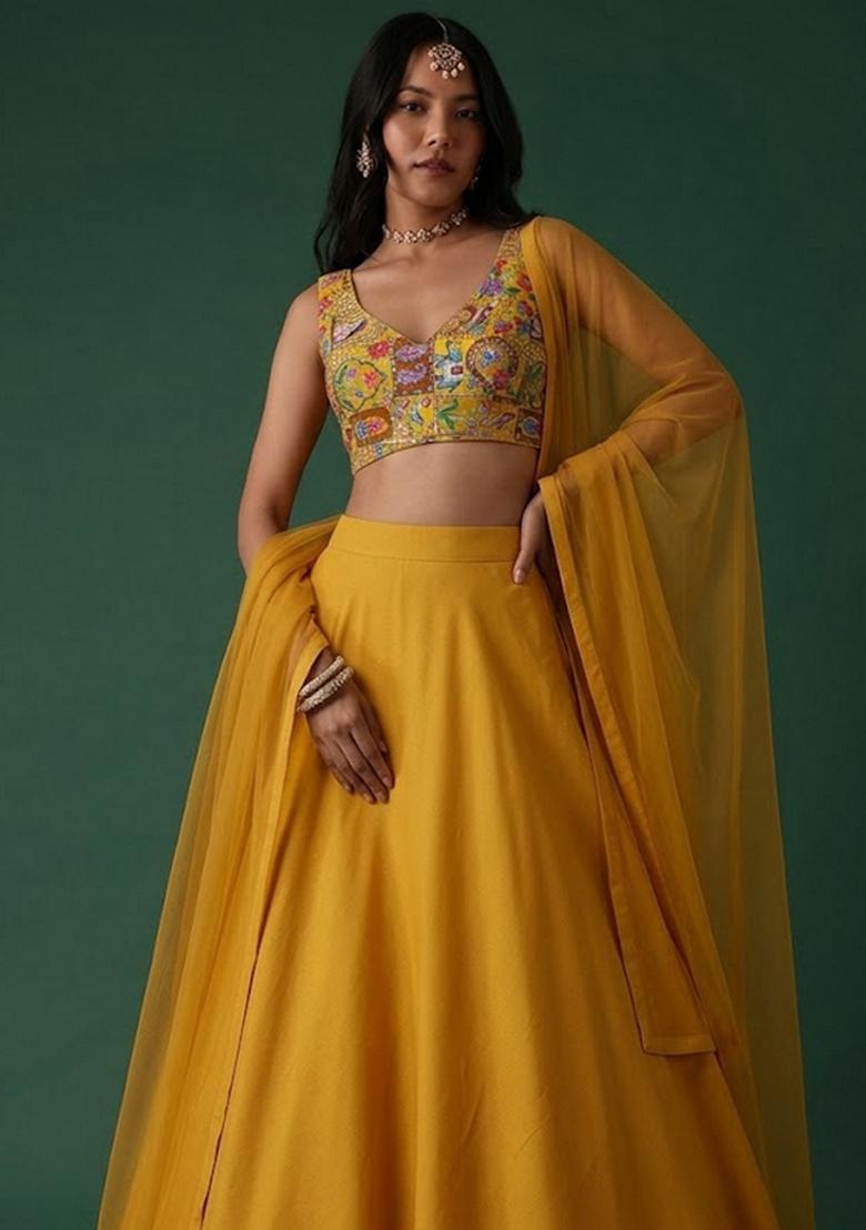 Mustard Printed Crepe Lehenga Set - Indya