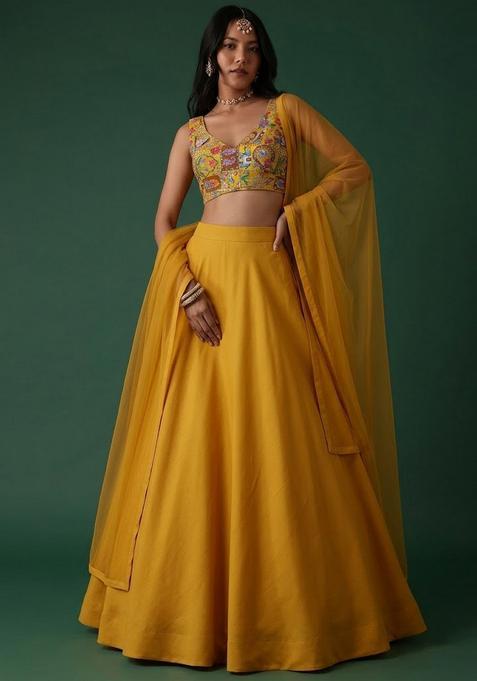 Mustard Embroidered Handwork Silk Blend Lehenga Set