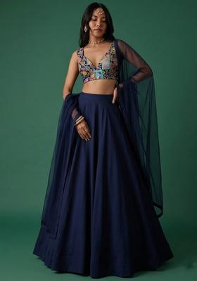 Navy Blue Printed Crepe Lehenga Set