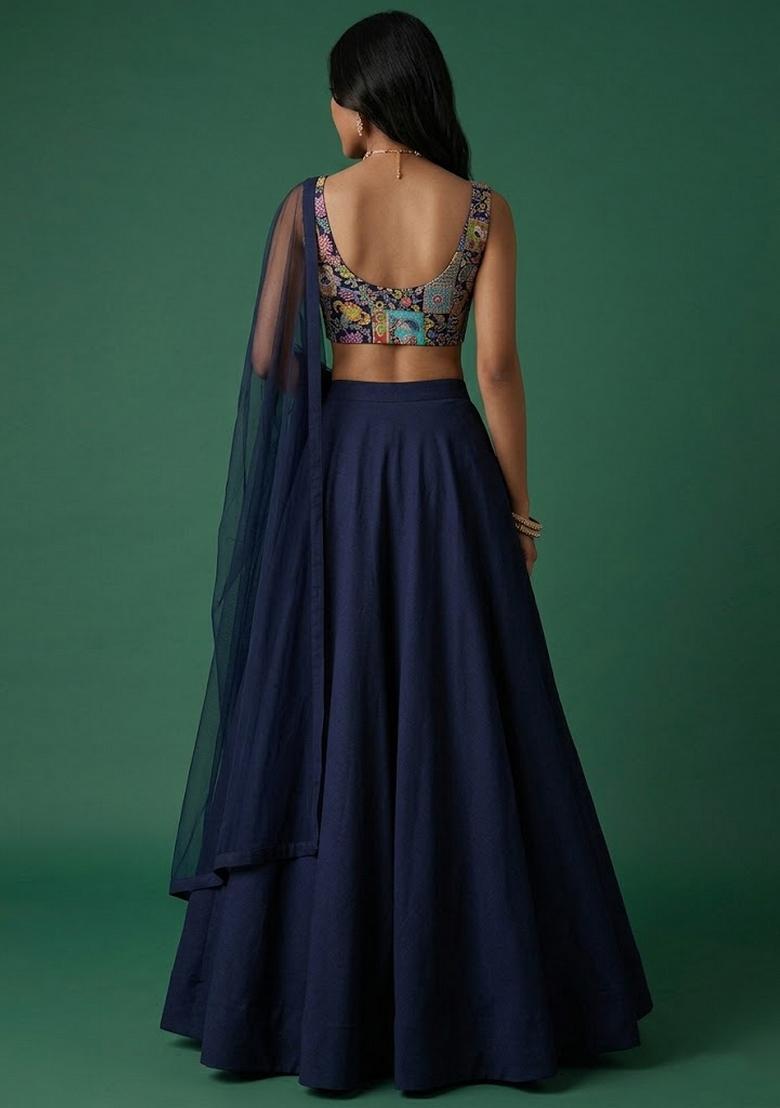 Navy Blue Printed Crepe Lehenga Set - Indya