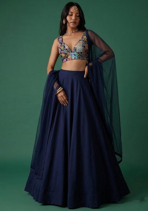 Navy Blue Printed Crepe Lehenga Set