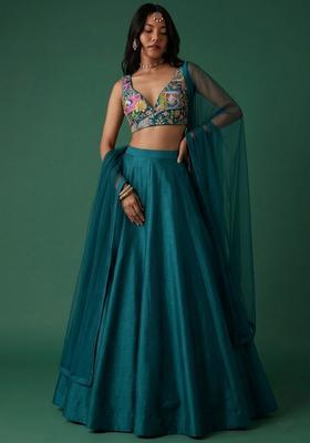 Teal Printed Crepe Lehenga Set