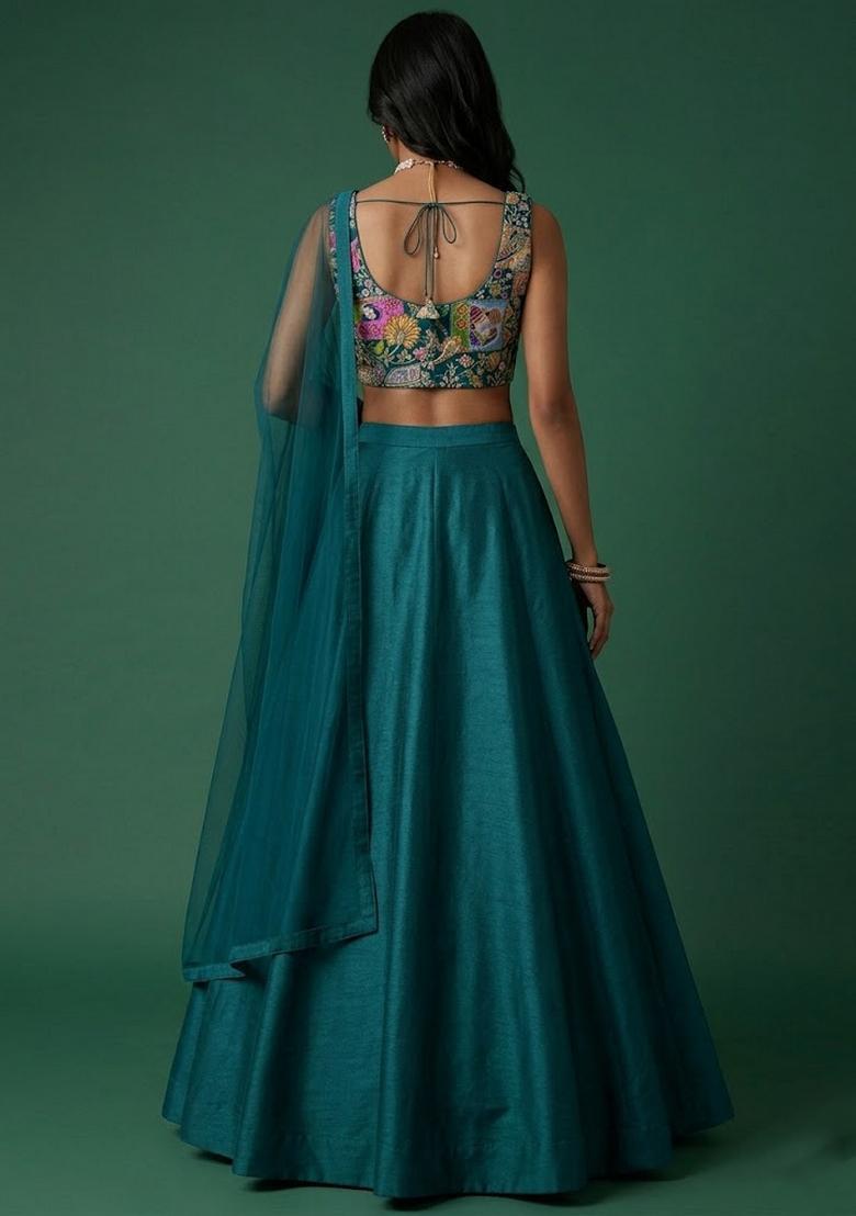 Teal Printed Crepe Lehenga Set - Indya