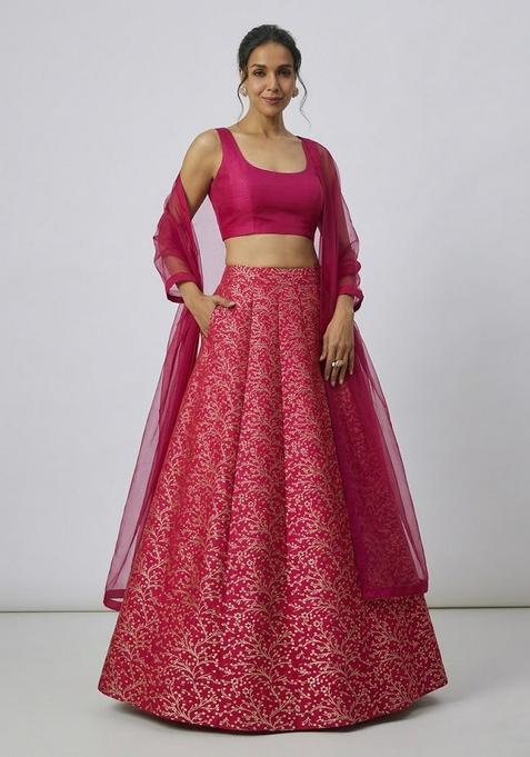 Rani Pink Zari Work Silk Blend Lehenga Set