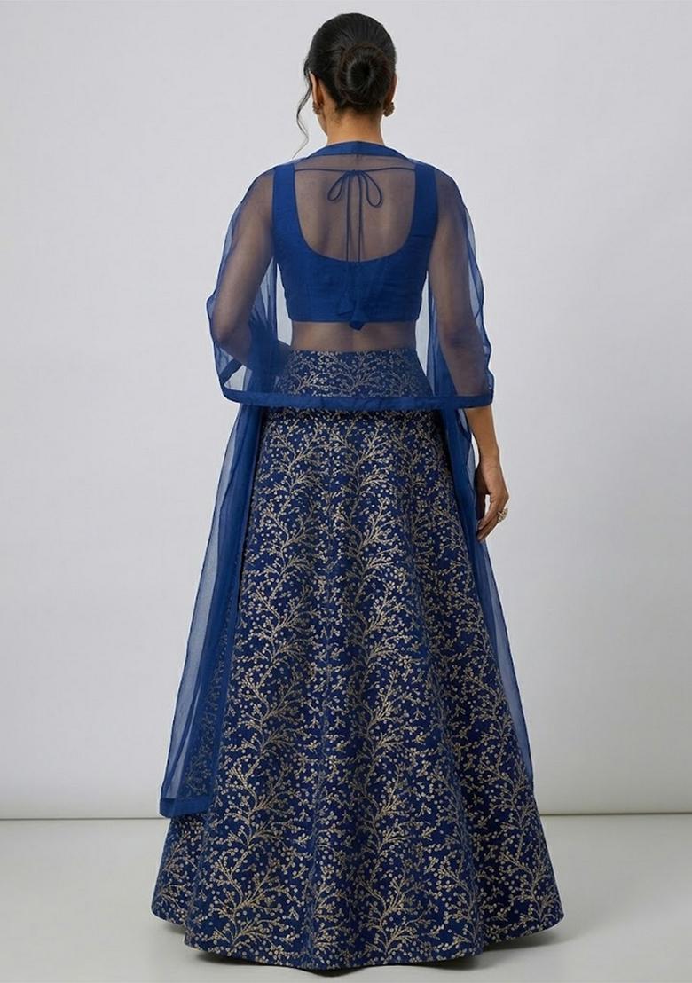 Royal Blue Jacquard Brocade Lehenga Set - Indya