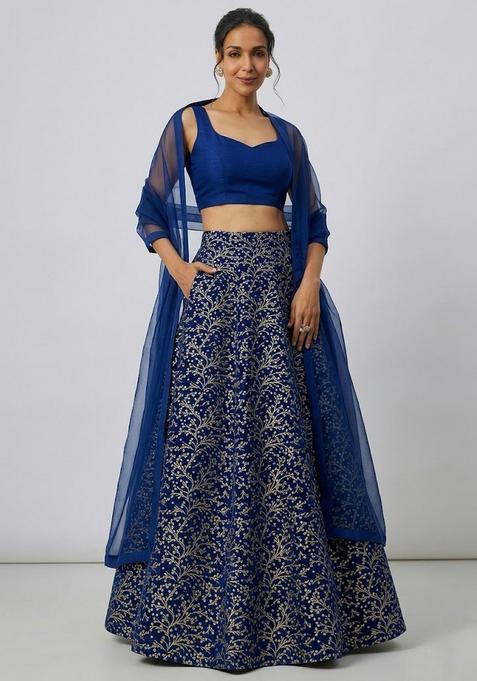 Royal Blue Zari Work Silk Blend Lehenga Set
