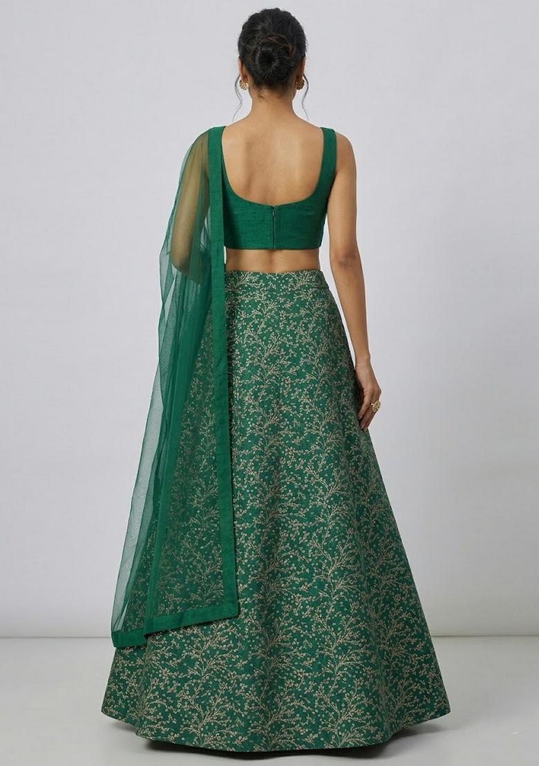 Bottle Green Jacquard Brocade Lehenga Set - Indya