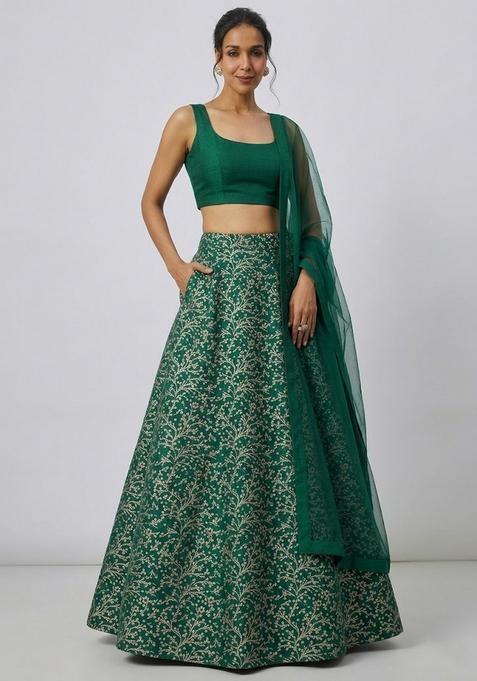 Bottle Green Zari Work Silk Blend Lehenga Set