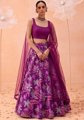 Purple Printed Crepe Lehenga Set