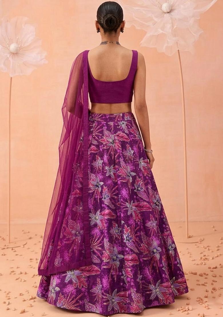 Purple Printed Crepe Lehenga Set - Indya