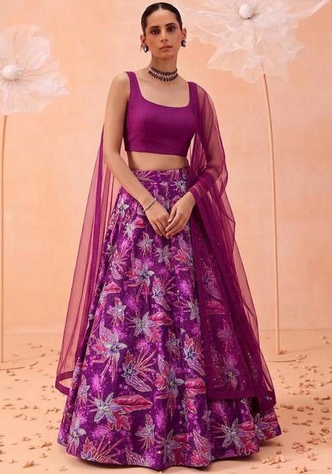 Purple Floral Print Silk Blend Lehenga Set