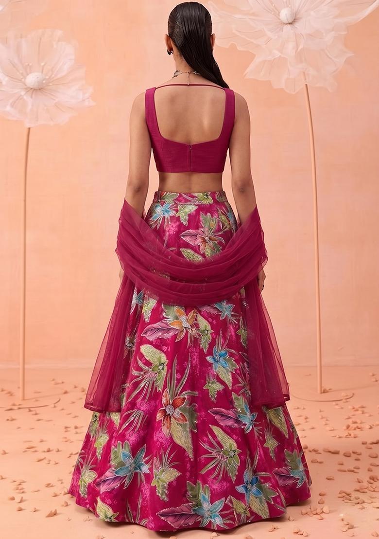 Rani Pink Printed Crepe Lehenga Set - Indya