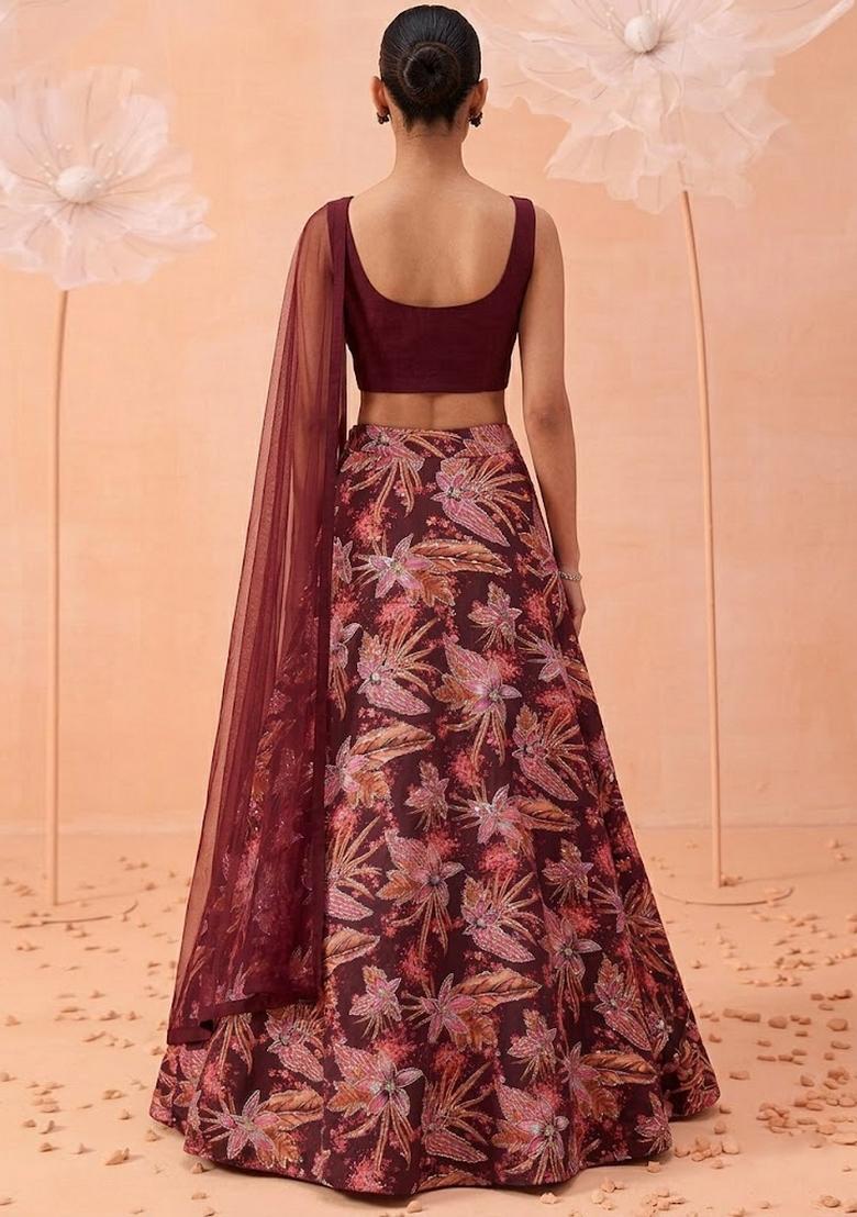 Wine Printed Crepe Lehenga Set - Indya