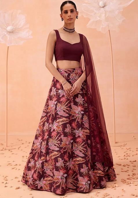 Wine Printed Crepe Lehenga Set