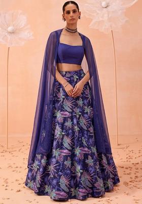 Royal Blue Printed Crepe Lehenga Set