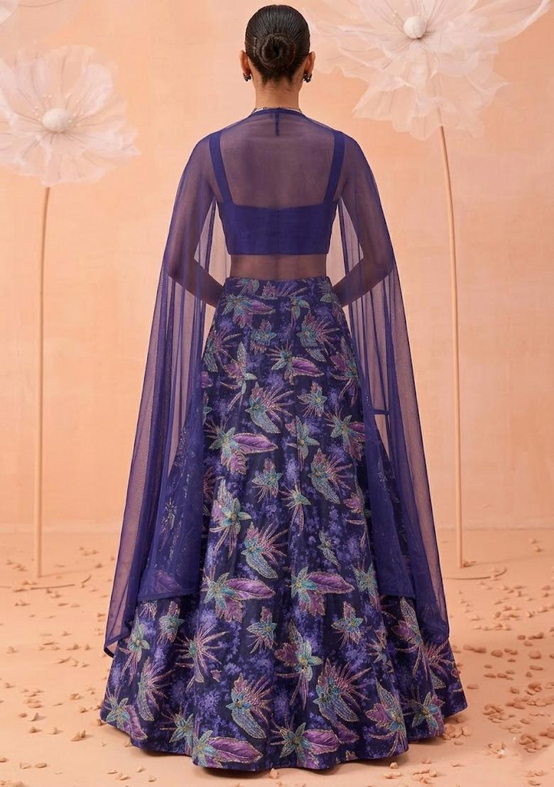 Royal Blue Printed Crepe Lehenga Set - Indya