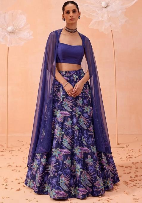 Royal Blue Embroidered Silk Blend Lehenga Set