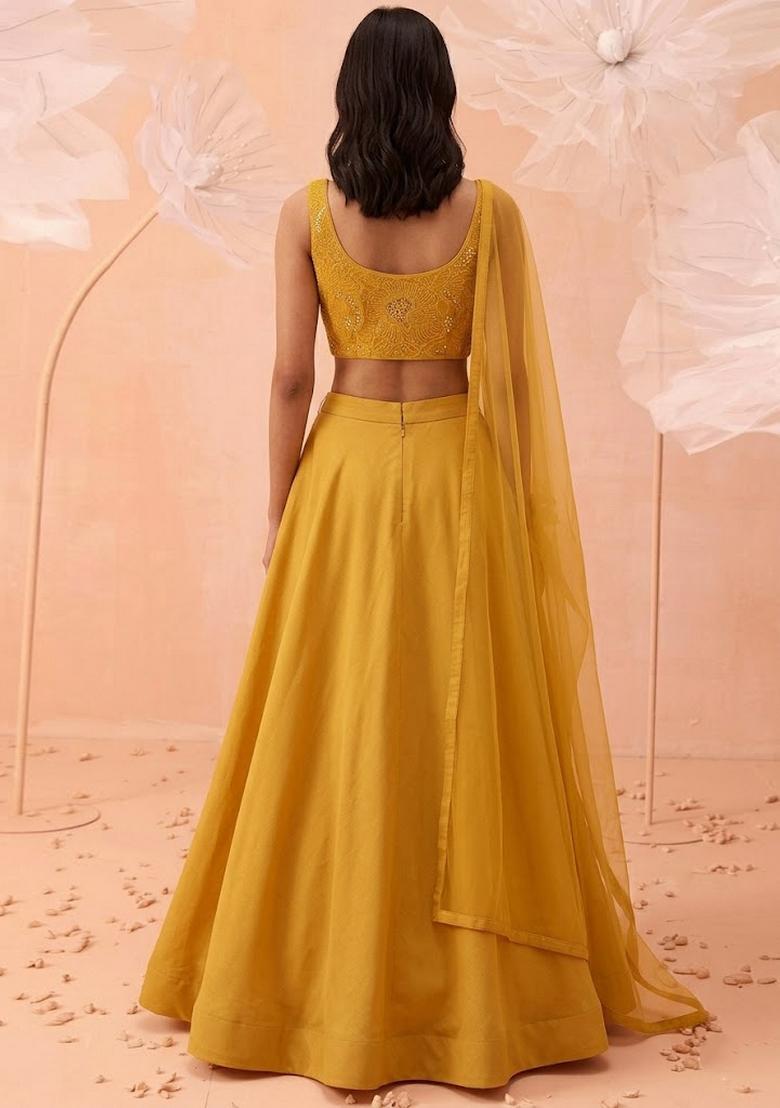 Mustard Mirror Work Poly Blend Lehenga Set - Indya