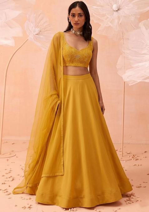 Mustard Mirror Work Silk Blend Lehenga Set
