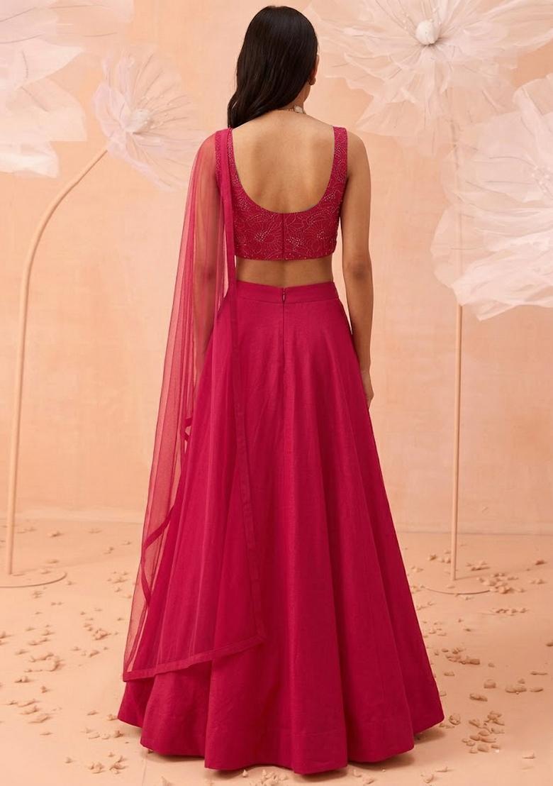 Rani Pink Embroidered Poly Blend Lehenga Set - Indya